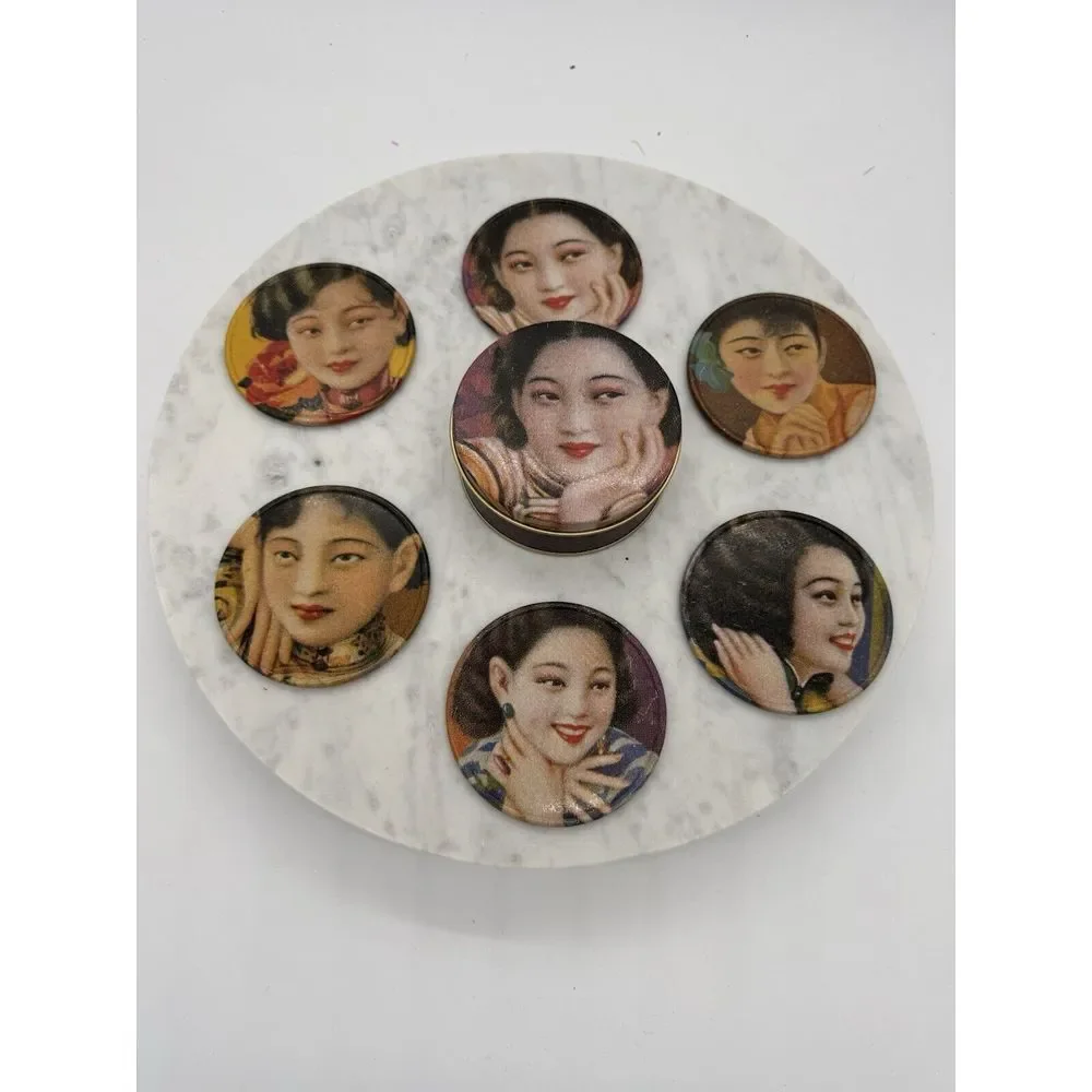 Vintage Coasters Set Alan Chan Creations Metal W/ Cork Back‎ & Storage Tin